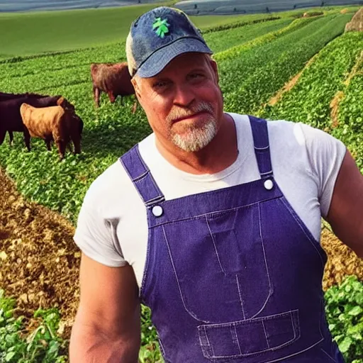 Prompt: Photo of Thanos wearing overalls working on a farm. Peaceful, realistic, sunny, blue, green, white