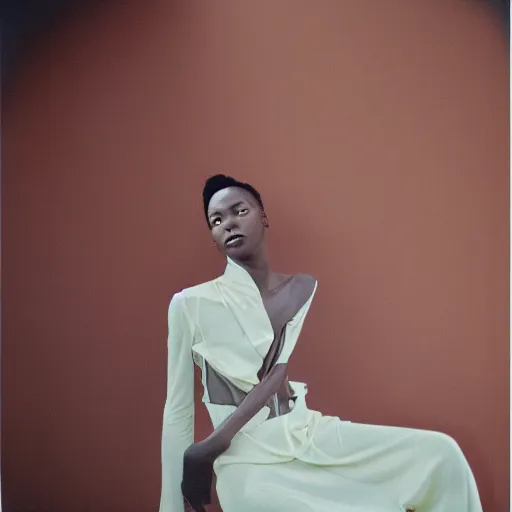 Image similar to realistic photoshoot for a new off-white lookbook, color film photography, portrait of a beautiful woman in style of tyler Mitchell, 35mm, graflex