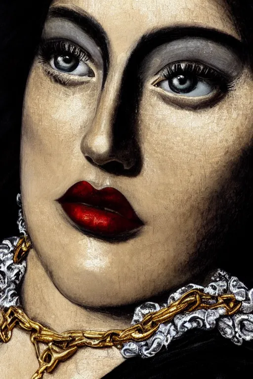 Prompt: hyperrealism close - up mythological portrait of a beautiful medieval woman's shattered face blended with black rocks in style of classicism, gold chains around the neck, pale skin, ivory make up on the eyes, wearing black silk robe, dark and dull palette