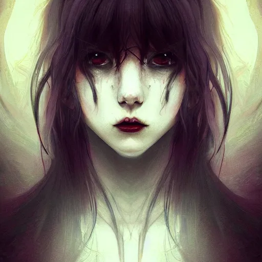 Prompt: Ethereal portrait of a creepy demonic sleep paralysis horror girl with disheveled long dark hair, long bangs, a malicious slight smile revealing fangs, big piercing eyes, dim lighting, medium shot, by artgerm and WLOP