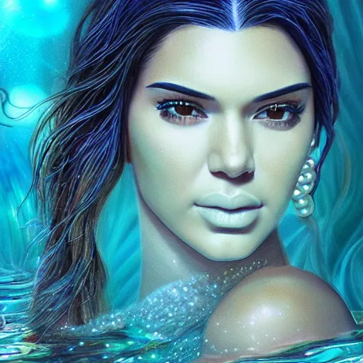 Prompt: kendall jenner portrait, fantasy, mermaid, hyperrealistic, game character, underwater, highly detailed, sharp focus, cinematic lighting, pearls, glowing hair, shells, gills, crown, water, highlights, starfish, jewelry, realistic, digital art, pastel, magic, fiction, ocean, king, colorful hair, sparkly eyes, fish, heroic, goddess, waves, bubbles, queen