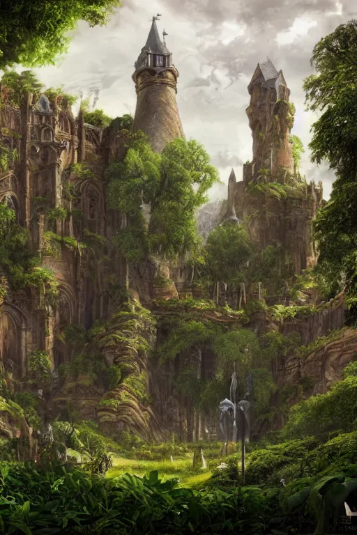 Image similar to gigantic castle, arches adorned pillars, towers, archways, gnarly trees, lush vegetation, forrest, landscape, alex ross, neal Adams, david finch, , concept art, matte painting, highly detailed, rule of thirds, dynamic lighting, cinematic, detailed, denoised, centerd