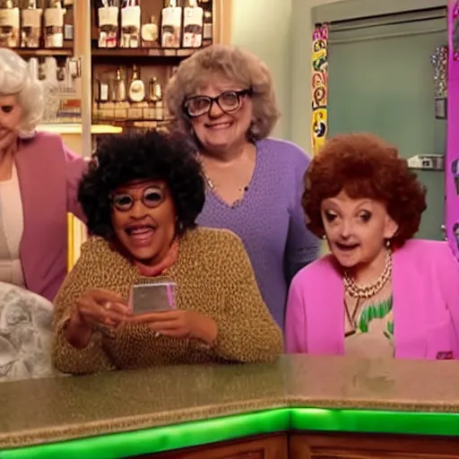 Prompt: Golden Girls open up a cannabis shop grand opening TV ad screenshot directed by Tim and Eric