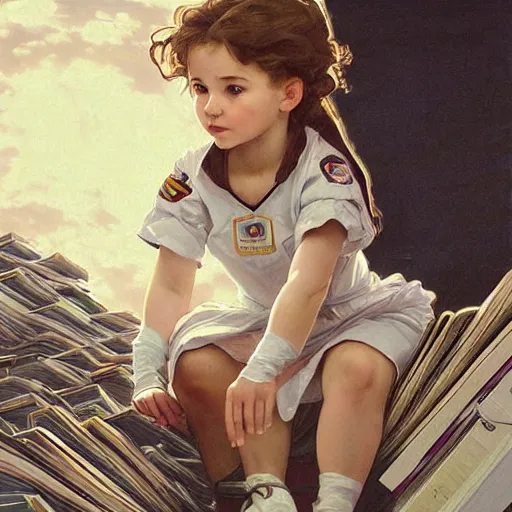 Image similar to a cute little girl with a mischievous face and short brown wavy curly hair sitting on top of a tall pile of books. she is dressed as an astronaut. well composed, clean elegant painting, beautiful detailed face. comic book art by artgerm and greg rutkowski and ( alphonse mucha )