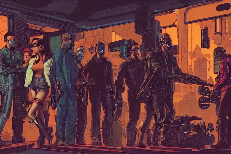 Prompt: cyberpunk heist crew entering club. portrait by stonehouse and mœbius and will eisner and gil elvgren and pixar. character design. realistic proportions. dystopian. cyberpunk 2 0 7 7 character art, blade runner 2 0 4 9 concept art. cel shading. attractive face. thick lines. the team. diverse characters.