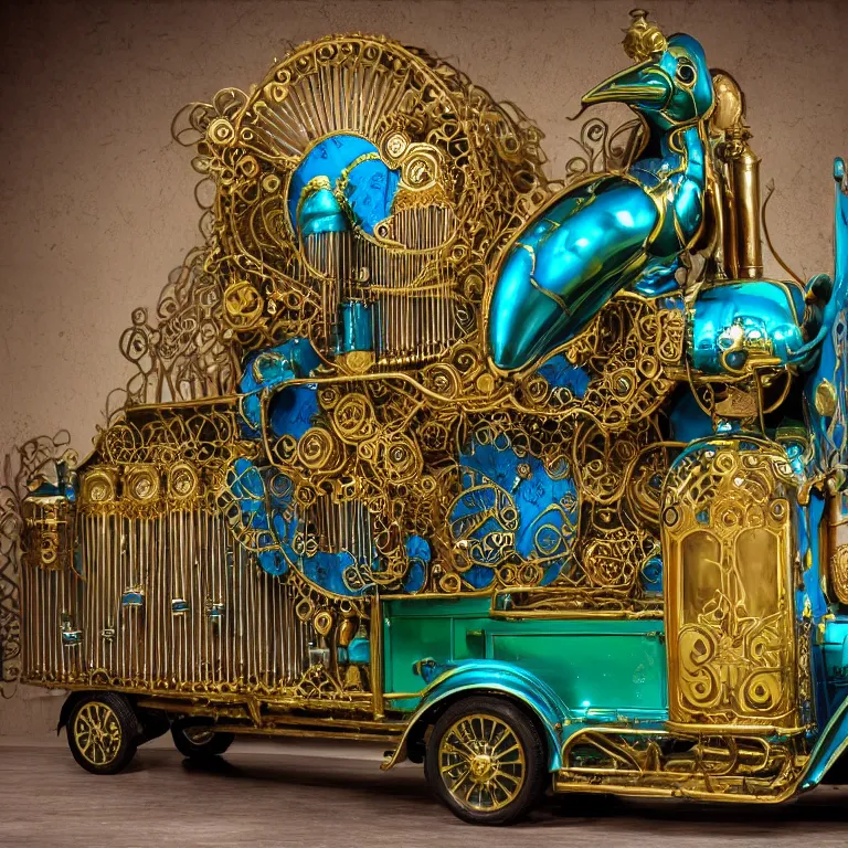 Prompt: peacock - shaped steampunk peacock - shaped pickup truck with a tall brass baroque pipe organ on the back with blue, very tall brass organ pipes, organ pipes splayed in the back, green and purple, brass peacock, pipeorgan, hyper realism, studio lighting