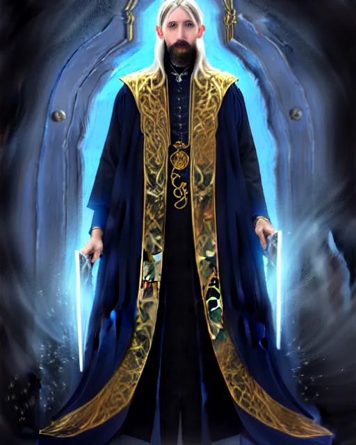 Prompt: male wizard at the end of time, long black hair blue eyes wearing cloth mantle gothic navy cloak with gold details, wizard town, fantasy character portrait, ultra realistic, intricate, elegant, cinematic lighting, highly detailed, digital painting, artstation, smooth, sharp, focus, illustration, art by artgerm and greg rutkowski and alphonse mucha