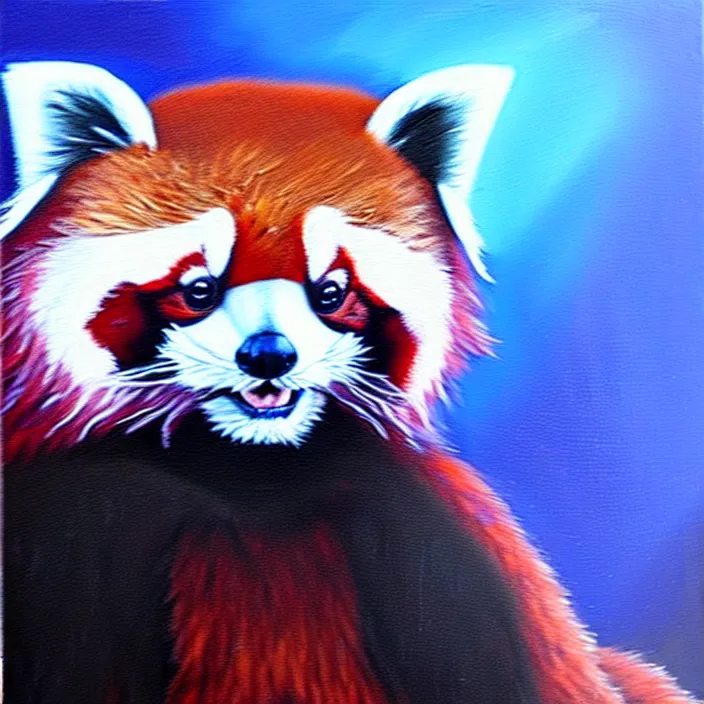 Image similar to an oil painting of a red panda with blue fur playing video games, furry, oil on canvas, cute, highly detailed, soft lighting, pastel, pretty