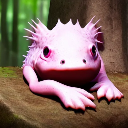 Prompt: pink axolotl with cute round face sitting a bucket in the forest, award winning art, trending on artstation, digital art, painting, matte painting, hyper realistic, realism, photography, unreal engine 5, video game