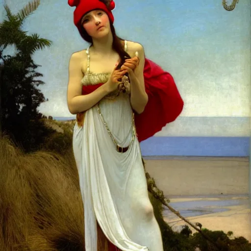 Image similar to A girl with jester hat and clothes on the front of a Balustrade with a beach on the background, major arcana clothes, by paul delaroche, alphonse mucha and arnold böcklin arnold böcklin hyperrealistic 8k, very detailed