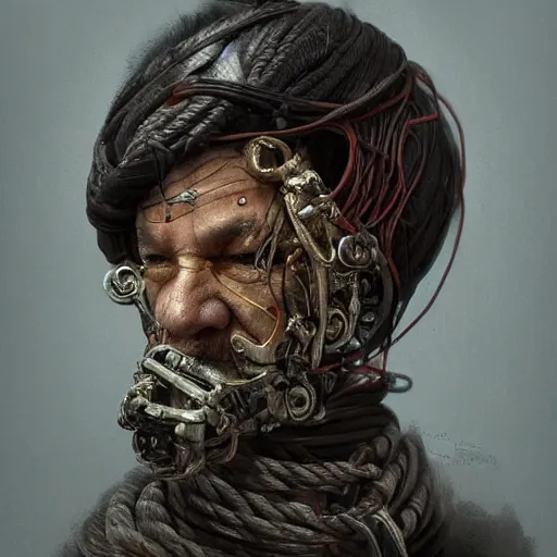 Image similar to portrait of a Shibari rope wrapped around the face and neck of an old cyborg merchant, mouth wired shut, headshot, insanely nice professional hair style, dramatic hair color, digital painting, of a old 17th century, amber jewels, baroque, ornate clothing, scifi, realistic, hyper detailed, chiaroscuro, concept art, art by Franz Hals and Jon Foster and Ayami Kojima and Amano and Karol Bak,