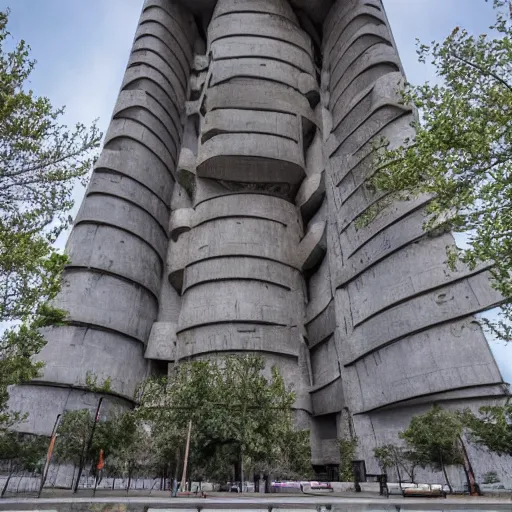 Image similar to a wide shot of a sci - fi beautiful brutalist monument, with many rounded elements sprouting from the base tower creating a feel of an organic structure, photography