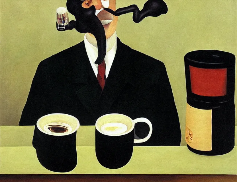 Prompt: a painting of a old and strange dusty professor in black suite making a study of drinking 1 0 cups of black coffee in a kitchen that is slowly melting, styled and painted by rene magritte