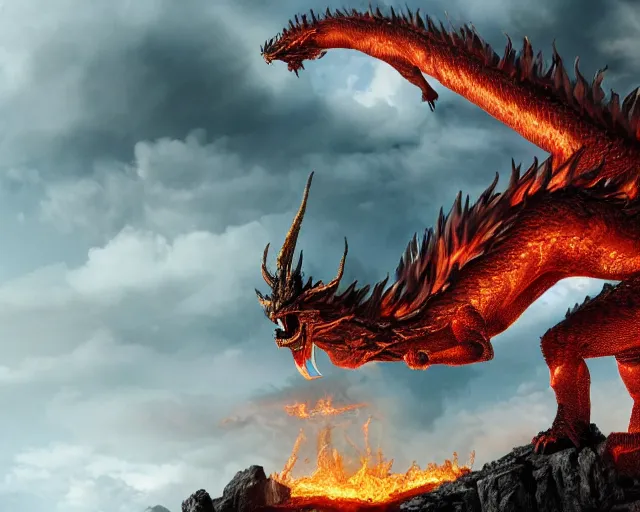 Image similar to giant fire dragon standing on a mountain, highly detailed, 4 k, hdr, award - winning, directed by zack snyder, trending on art station, matte