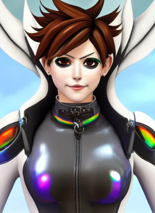 Image similar to portrait bust digital artwork of tracer overwatch, wearing white iridescent rainbow latex and leather straps catsuit outfit, 4 k, expressive happy smug expression, makeup, in style of mark arian, angel wings, wearing detailed black leather collar collar collar collar, chains, black leather harness, detailed face and eyes,