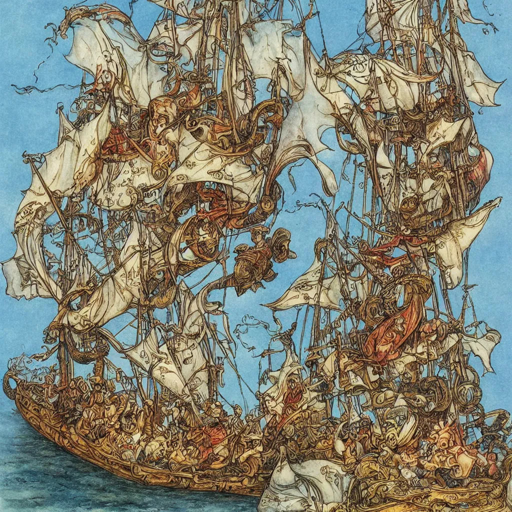 Image similar to viking ship sailing away, by maria sibylla merian, tony diterlizzi and brian froud