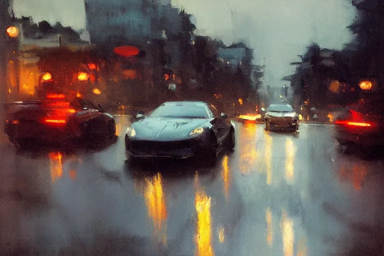 Prompt: john singer sargent painting of cars waiting for traffic light in san francisco at night, taillights, puddles, reflections, hills, by jeremy mann