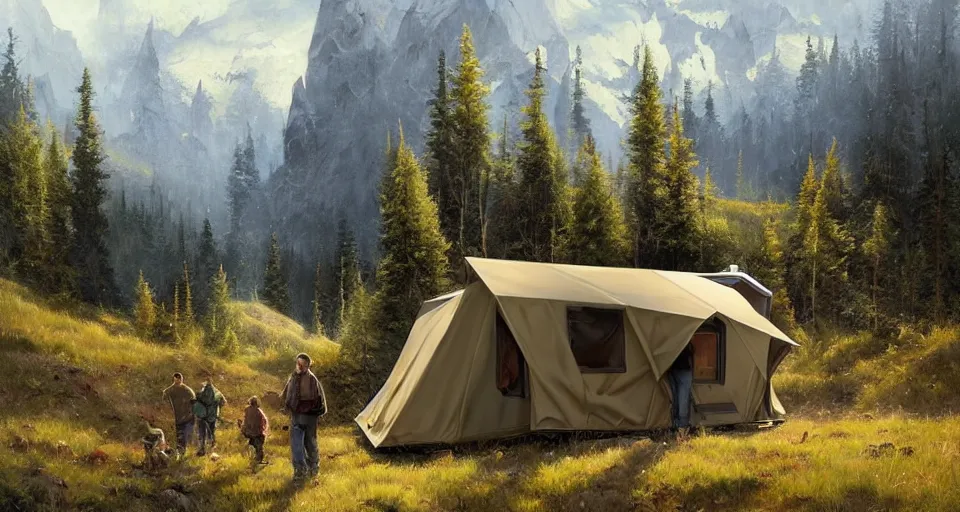 Image similar to cabela's beautiful comfortable carbon framed, modular insulated wall portable container home kit - house all weather family dwelling tent house, person in foreground, mountainous forested wilderness open fields, beautiful views, painterly concept art, environmental concept art, concept art illustration, by james gurney, by craig mullins, by greg rutkowski trending on artstation