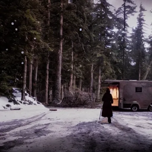 Image similar to a movie still from final fantasy live action, a traveler camping alone in the snow