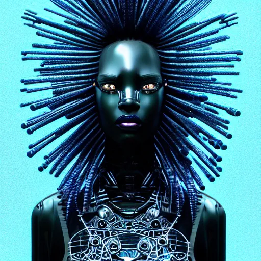 Image similar to portrait of an absurdly beautiful, graceful, sophisticated, fashionable black cyberpunk mechanoid gravure idol, hyperdetailed illustration by irakli nadar, adut akech, matt wisniewski style, intricate linework, dark black skin, lion's mane jellyfish headdress, unreal engine 5 highly rendered, global illumination, blue light, detailed and intricate environment