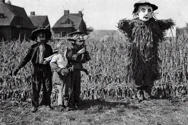 Image similar to disturbing scarecrow from the early 1 9 0 0's leading children into the cornfields