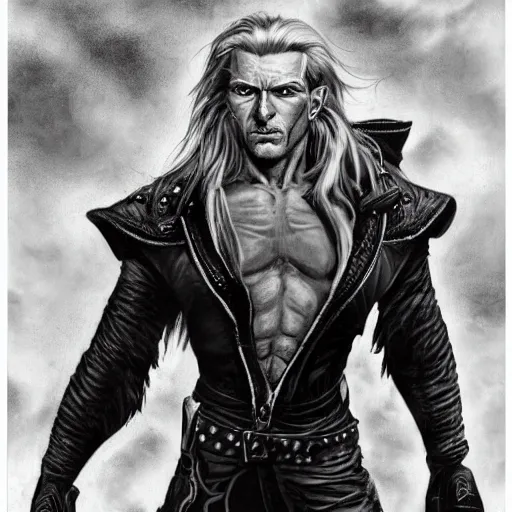 Image similar to portrait of a muscular, grim, ponytail haired blonde man in his late 30's, wearing a thick brown leather coat, looking to his side, hunter, DnD character, fantasy character, dramatic lighting, high detail, black and white digital art by Boris Vallejo