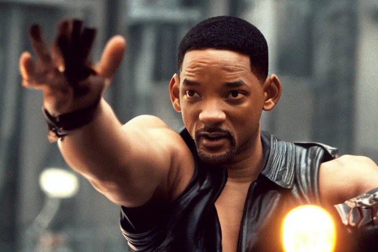 Prompt: cinematic still of will smith in Blade (2001), XF IQ4, f/1.4, ISO 200, 1/160s, 8K, RAW, dramatic lighting, symmetrical balance, in-frame, highly accurate facial features