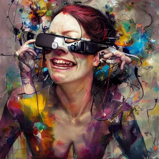 Image similar to grinning woman in a vr headset, dynamic energic pose, cyberpunk in the style of adrian ghenie, esao andrews, jenny saville, surrealism, dark art by james jean, takato yamamoto