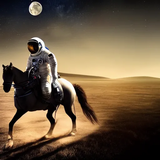 Image similar to an astronaut riding a horse uhd 8 k, artstation, hd, hdr, shuttershock, dramatic lighting, beautiful landscape, moon in the background, incredibly detailed