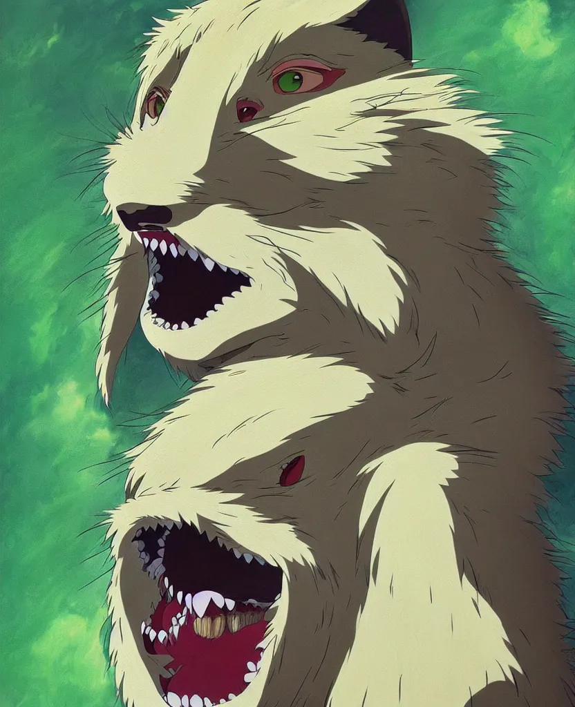 Image similar to beautiful painting from the anime film by studio ghibli, green anthropomorphic wherewolf human hybrid, drooling teeth bared, fur, trending on artstation