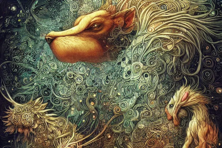 Prompt: animal forest spirits, greg simkins, android jones, victo ngai