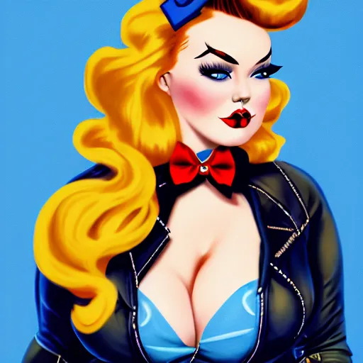 Image similar to rockabilly curvy woman, long blond hair, hair bow, blue eyes, wholesome, country, southern, digital art, cinematic, concept art, 8k, painting, trending on artstation, wide shot, full shot