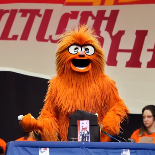 Image similar to the mascot gritty giving a speech at the Wells Fargo center, realistic