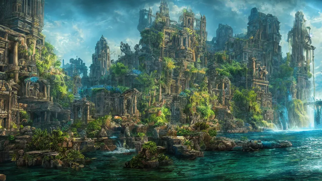 Image similar to lost city of atlantis, fantasy artwork, very very very beautiful scenery, hd, hdr, ue5, ue6, unreal engine 5, cinematic 4k wallpaper, 8k, ultra detailed, high resolution, artstation, award winning