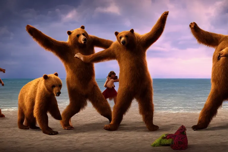 Image similar to Bears dancing at a party at the beach, cinematic, atmospheric, 8k resolution, ArtStation, Hyperrealistic