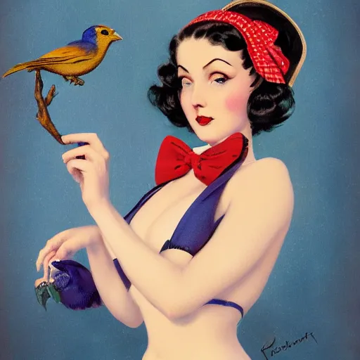 Image similar to portrait of a pinup girl holding an indigo bunting, bird, the bird is wearing a bowtie, by greg rutkowski, rossdraws, gil elvgren, enoch bolles, anime, porcelain skin, very coherent