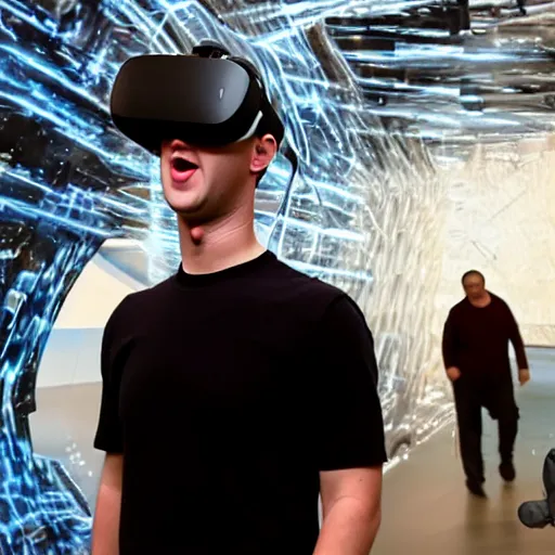 Image similar to mark zuckerberg lost walking in his endless metaverse house of mirrors, vr helmet on