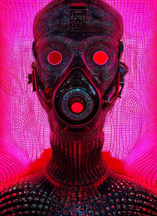 Image similar to hyper detailed 3d render like a sculpture - profile subsurface scattering (a beautiful fae princess gas mask protective playful expressive from that looks like a borg queen scene kid wearing a pannier) seen red carpet photoshoot in UVIVF posing in chromatic light pattern pool of water to Eat bite of the Strangling network of yellowcake aerochrome and milky Fruit and His delicate Hands hold of gossamer polyp blossoms bring iridescent fungal flowers whose spores black the foolish stars by Jacek Yerka, Ilya Kuvshinov, Mariusz Lewandowski, Houdini algorithmic generative render, golen ratio, Abstract brush strokes, Masterpiece, Victor Nizovtsev and James Gilleard, Zdzislaw Beksinski, Tom Whalen, Mark Ryden, Wolfgang Lettl, Grant Wood, octane render, 8k, maxwell render, siggraph