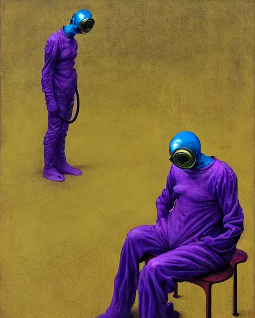 Prompt: two exhausted doctors wearing gas masks, draped in silky gold, blue and purple, inside a decayed operating room, in the style of francis bacon, esao andrews, zdzisław beksinski, edward hopper, surrealism, art by takato yamamoto and james jean