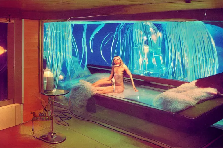 Image similar to high-angle view of a Inuit lush female jellyfish human hybrids wearing vacuum tube amp discowear with transparent digital number readout floating in front of face, sitting inside of an partially submerged 1970s luxury bungalow cabin with sunken floor and infinity mirror table, submersible vessel seamlessly rising through floor, operating soviet computer console on wall, ektachrome color photograph, volumetric lighting, off-camera flash, 24mm f8 aperture