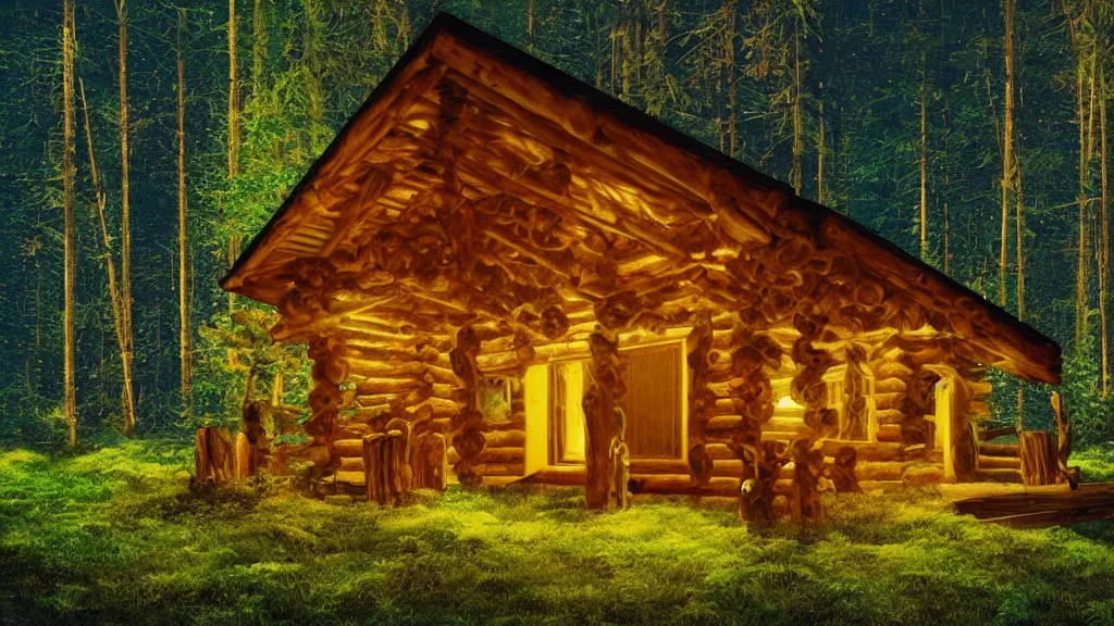 Prompt: portrait of an ethereal log cabin made of golden blue and green light, evergreen forest, divine, cyberspace, mysterious, dark high-contrast concept art