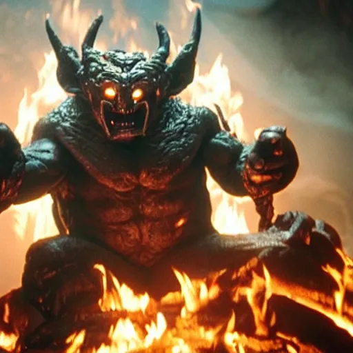 Image similar to balrog from lord of the rings sitting inside an office while it is burning