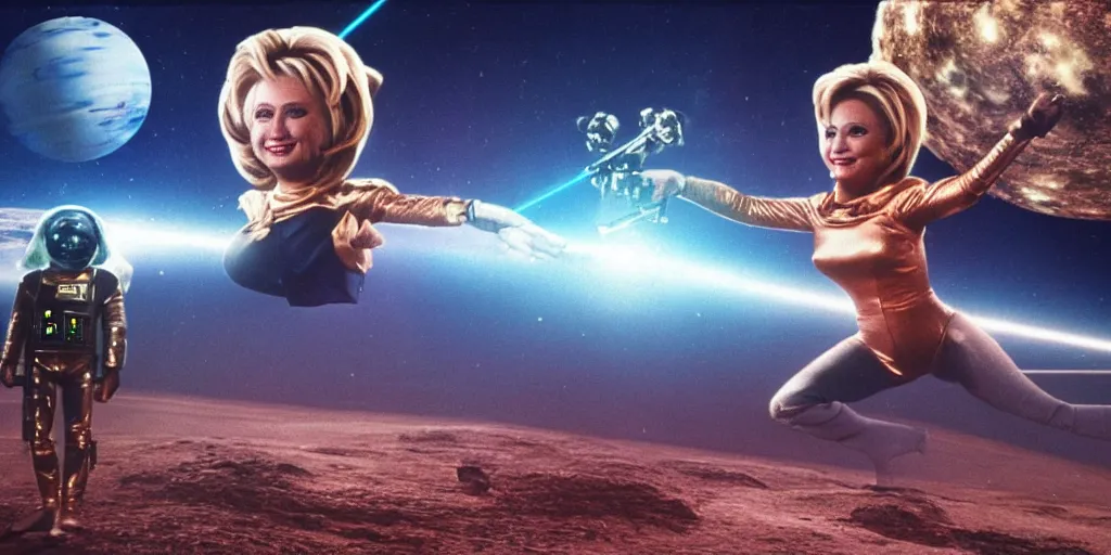 Prompt: a portrait of hillary clinton and donald trump as barbarella wearing a rocknroll glamour spacesuit, beautiful, heroic action pose firing laser guns, soft focus, depth of field, stunning alien landscape, cinematic, film grain, wide shot, in the style of kubrick, ridley scott, jodorowsky, dune, star wars, unreal engine