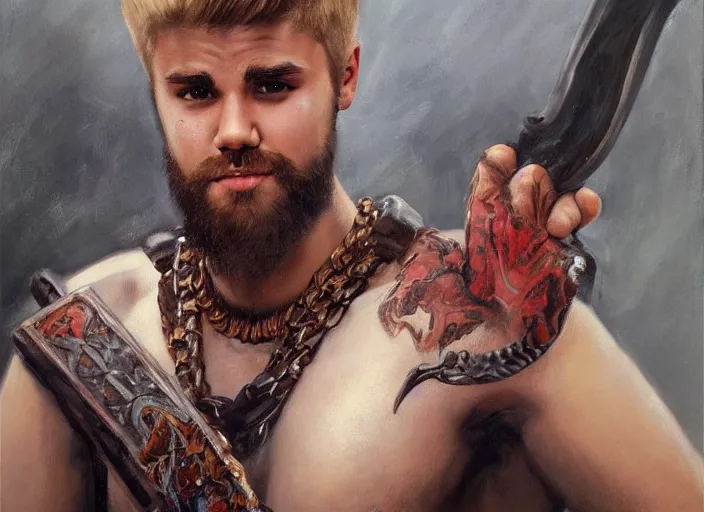 Image similar to a highly detailed beautiful portrait of justin bieber as kratos, by gregory manchess, james gurney, james jean