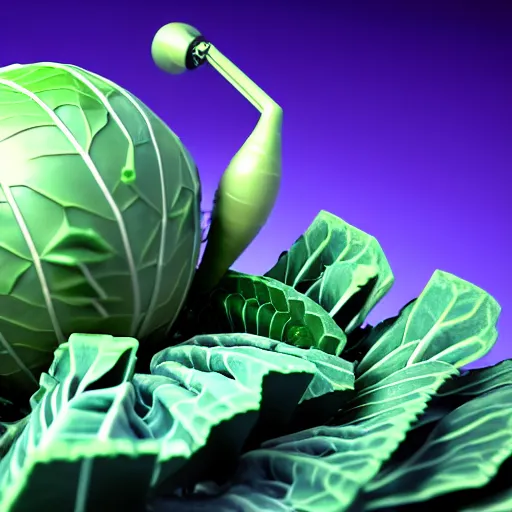 Prompt: high quality 3 d render very cute cyborg cabbage! cabbage leaves as dollars!! kale! incorporated speakers!, cyberpunk highly detailed, unreal engine cinematic smooth, in the style of blade runner & detective pikachu, hannah yata charlie immer, moody light, low angle, uhd 8 k, sharp focus