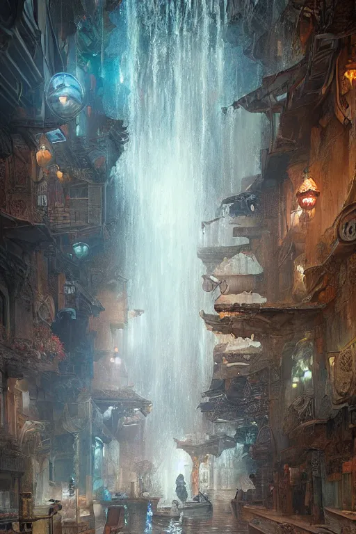 Prompt: inside the antique street of atlantis the city of water, waterfall, intricate, elegant, volumetric lighting, digital painting, highly detailed, artstation, sharp focus, illustration, concept art, ruan jia, steve mccurry