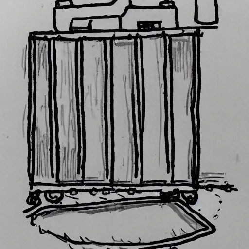 Image similar to very simple line drawing of a furnace with people around it, pen on paper simple drawing by a 7 year old