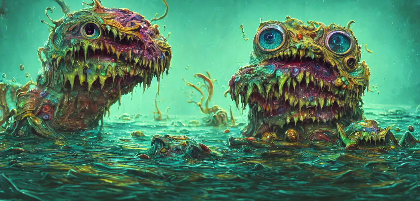 Prompt: intricate colourful murky with strange cute friendly angry crazy creatures! with huge beauty eyes long tongue triangle teeth and scary face appearing from the water, in the style of craola, shallow depth of field, highly detailed, digital painting, trending artstation, concept art, illustration, cinematic lighting, vibrant colors, photorealism, epic, octane render