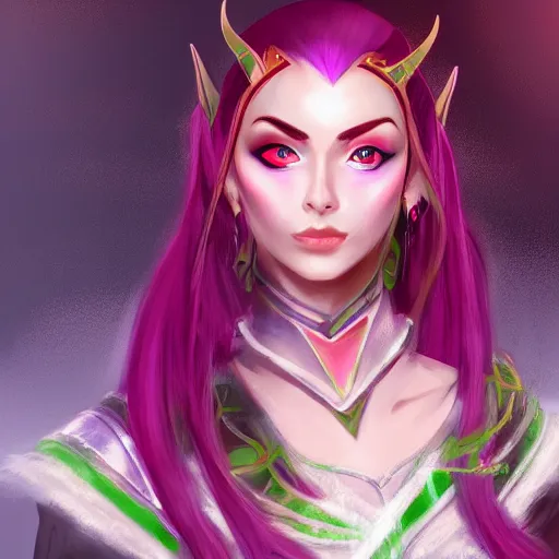 Image similar to portrait of a beautiful female high elf with magenta eyes and dark hair, digital art dnd beyond trending on art station 8 k