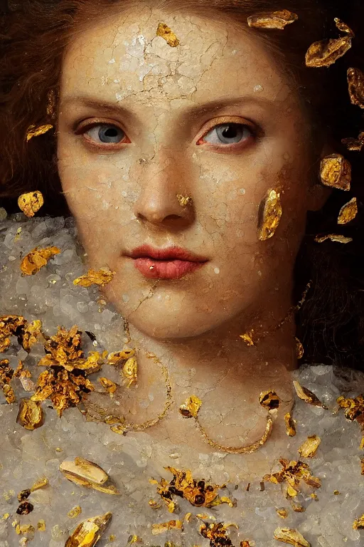 Prompt: hyperrealism close - up mythological portrait of an exquisite medieval woman's shattered face partially made of amber flowers in style of classicism, wearing white dress, dark palette